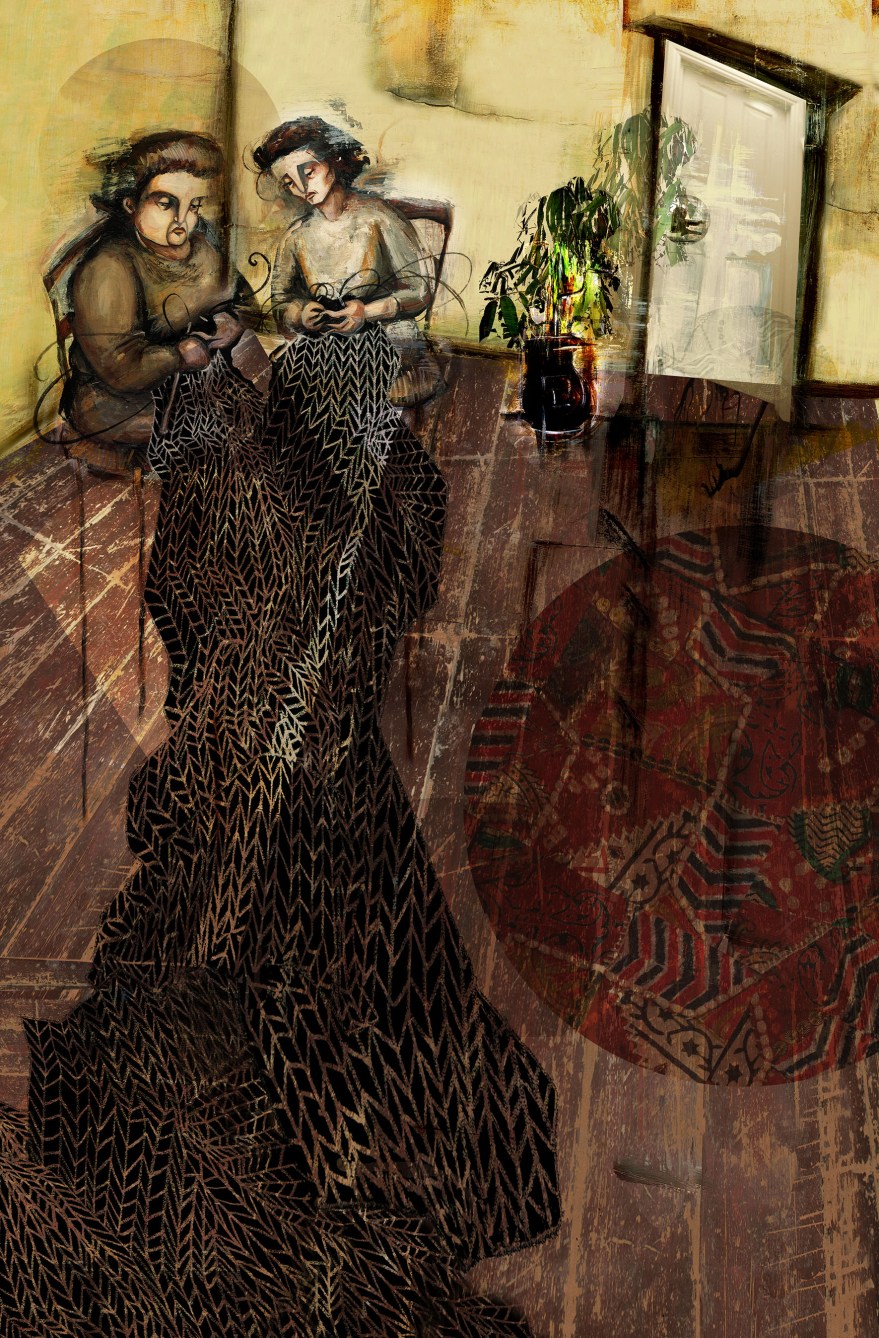 "Two women, one fat, the other slim sat on straw bottomed chairs, knitting black wool."